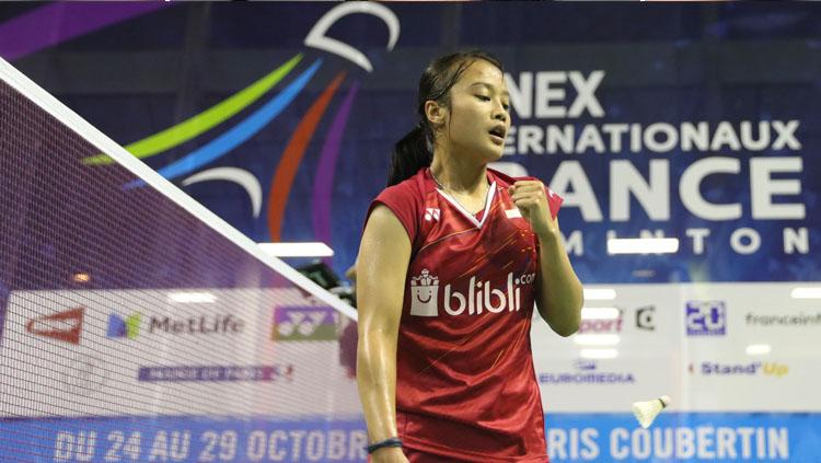 Selebrasi Hanna Ramadini, pebulutangkis tunggal putri Indonesia.