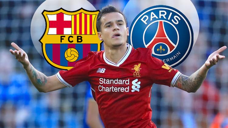 Philippe Coutinho di tengah-tengah logo Barcelona dan PSG.