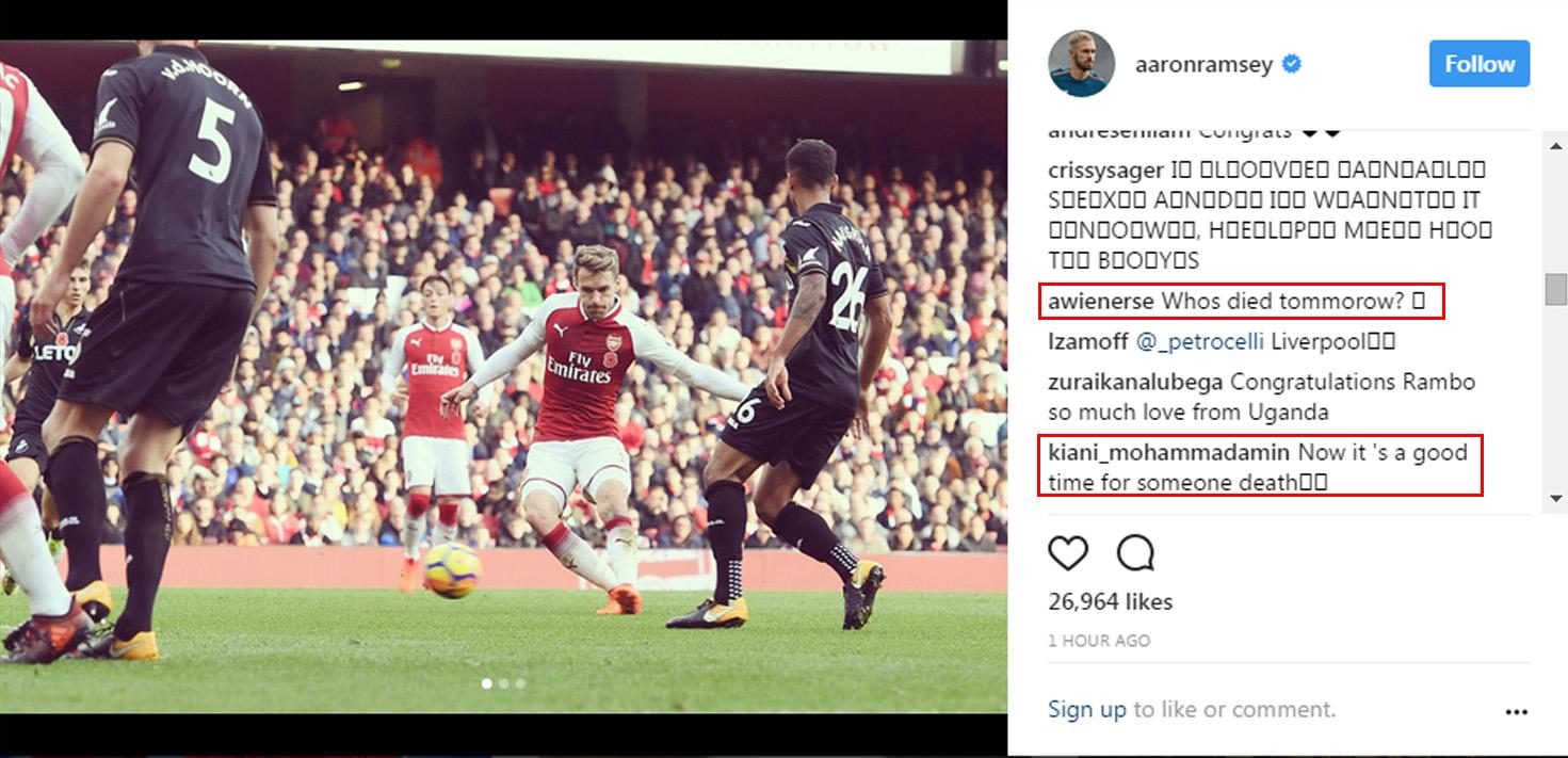 Komentar miring dari warganet di Instagram Aaron Ramsey. Copyright: Instagram Aaron Ramsey