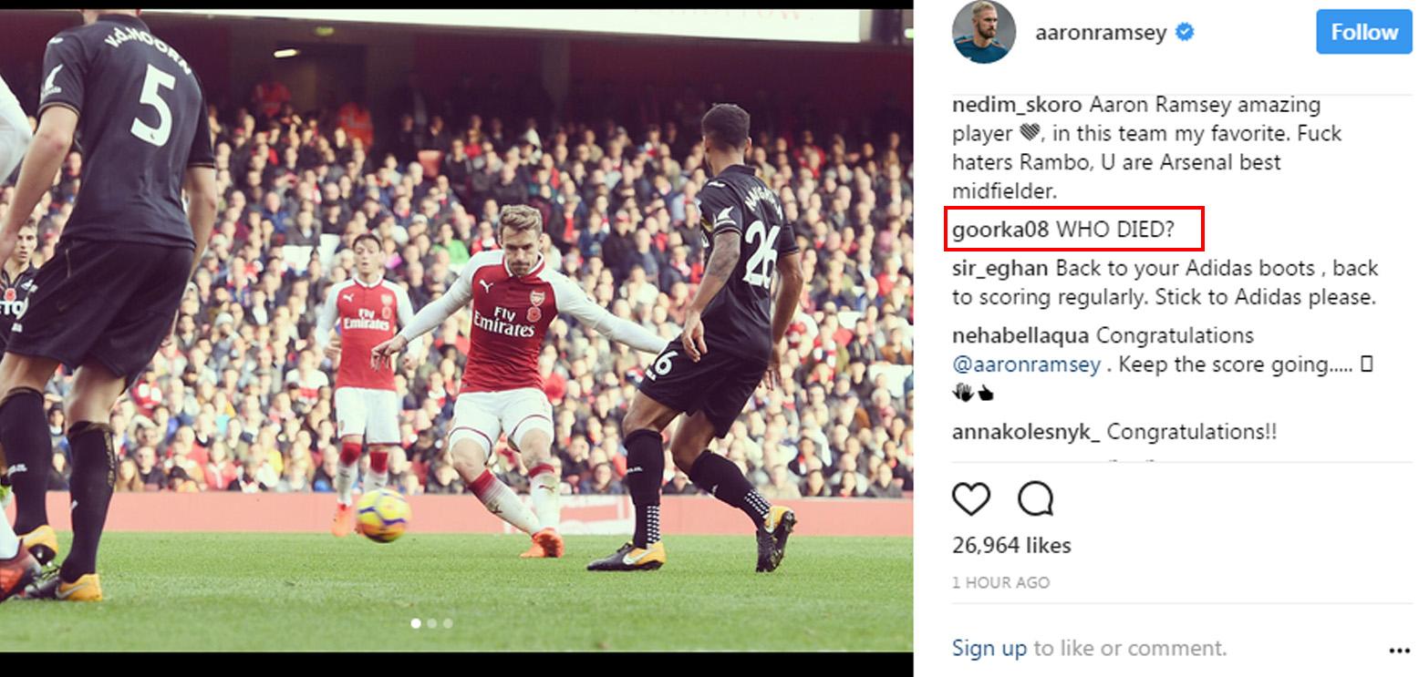 Komentar miring dari warganet di Instagram Aaron Ramsey. Copyright: Instagram Aaron Ramsey