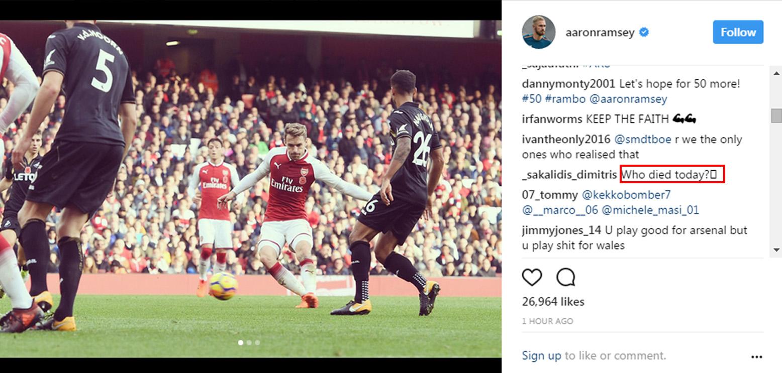 Komentar miring dari warganet di Instagram Aaron Ramsey. Copyright: Instagram Aaron Ramsey