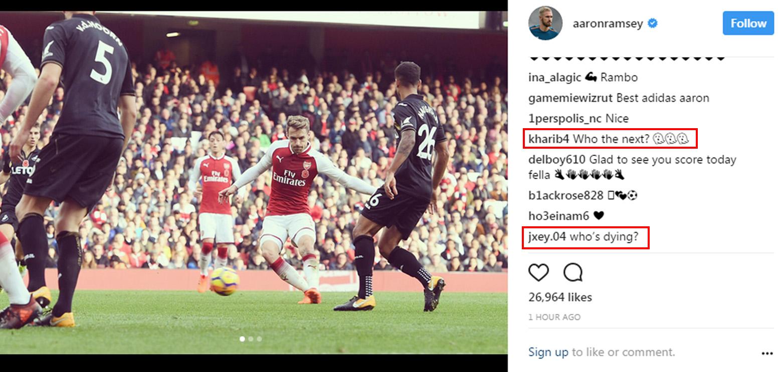 Komentar miring dari warganet di Instagram Aaron Ramsey. Copyright: Instagram Aaron Ramsey