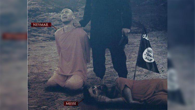 ISIS kembali menebar poster ancaman berupa Lionel Messi dan Neymar. Copyright: Twitter/@BreakingNLive