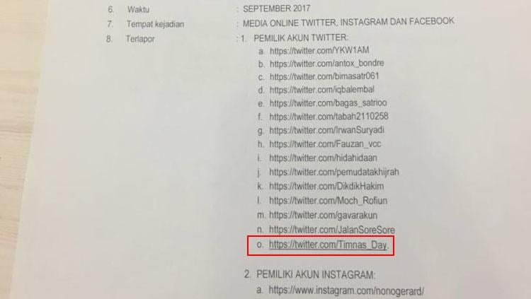 Twitter @Timnas_Day menjadi salah satu akun yang dilaporkan ke polisi terkait dugaan pencemaran nama baik Setya Novanto. Copyright: Kumparan.com