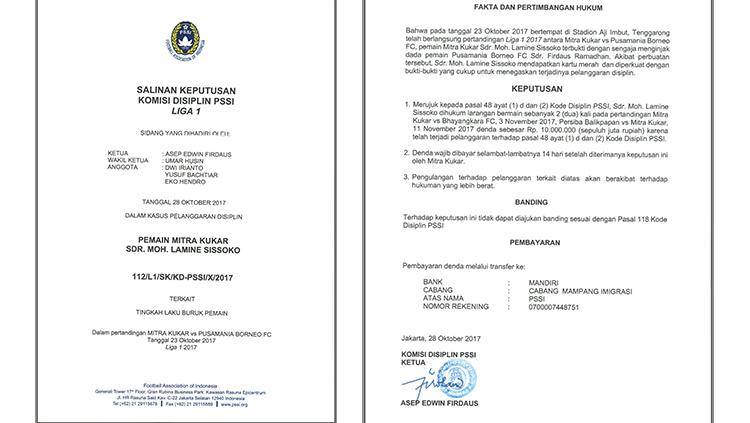 Salinan surat putusan komdis terkait sanksi yang diberikan kepada Mohammed Sissoko Copyright: istimewa