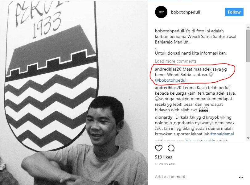 Klarifikasi Andre Dhias perihal nama adiknya, Wendi Satria Santosa. Copyright: Instagram/@bobotohpeduli