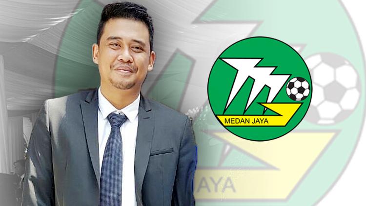Bobby Nasution dan logo klub asal Medan, Medan Jaya.