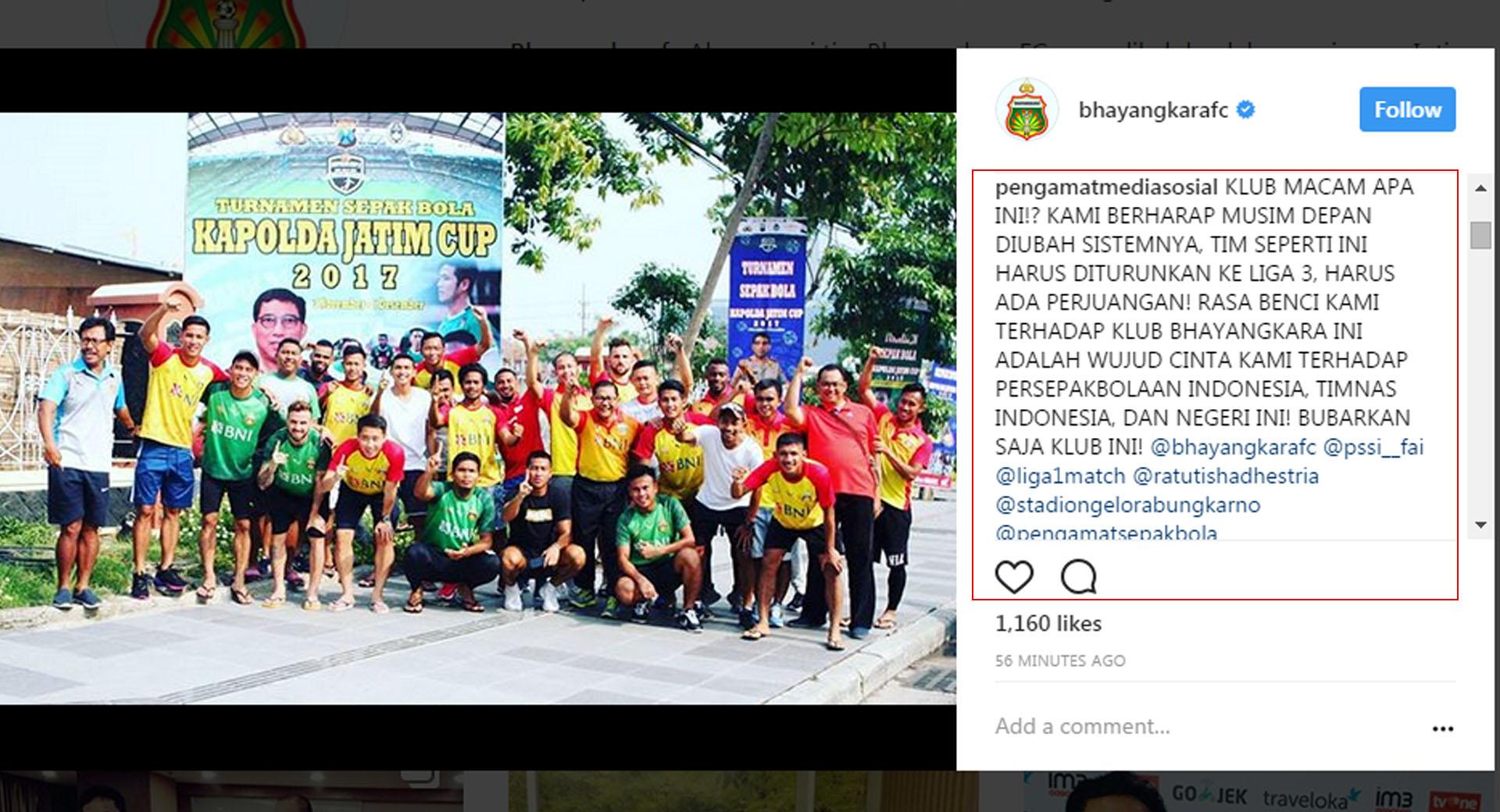 Instagram resmi Bhayangkara FC dipenuhi dengan komentar hinaan. Copyright: Instagram/@bhayangkarafc