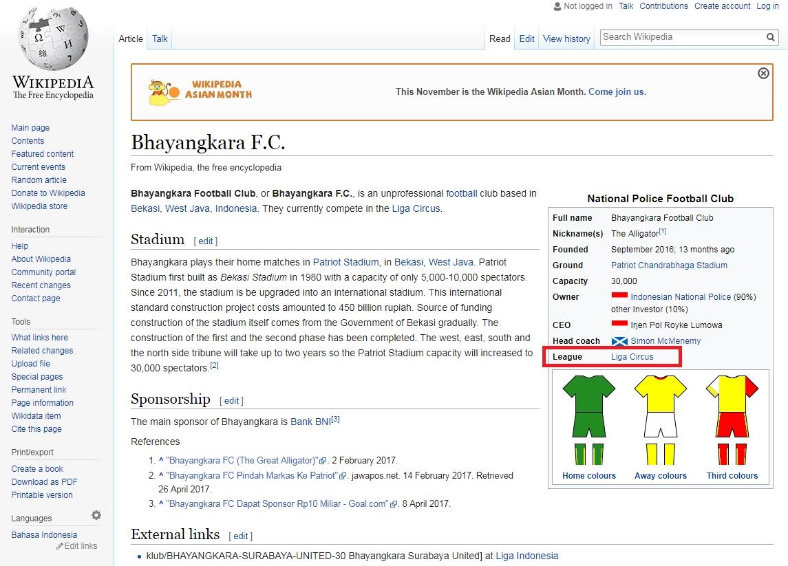 Bhayangkara FC disebut Wikipedia main di Liga Sirkus Copyright: Wikipedia