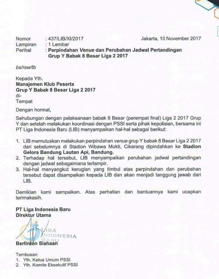 Surat PT Liga Indonesia Baru. Copyright: Istimewa