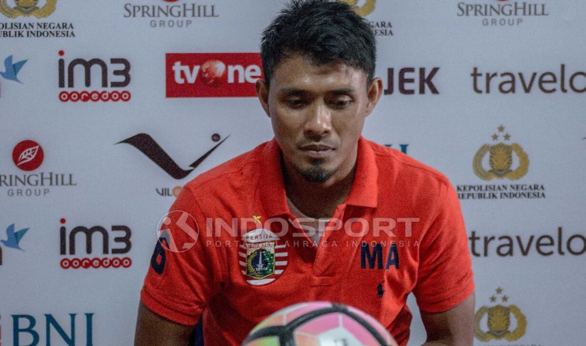Bek Persija Jakarta, Maman Abdurahman saat jumpa pers jelang Laga Bhayangkara FC vs Persija Jakarta.