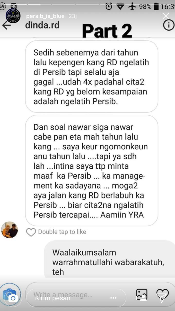 Klarifikasi permintaan maaf Istri RD melalui akun instagram @persib_is_blue Copyright: INDOSPORT