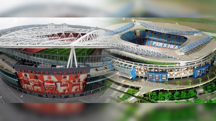 Perbandingan Stadion Batakan dan Stadion Emirates milik klub sepak bola Liga Inggris, Arsenal.