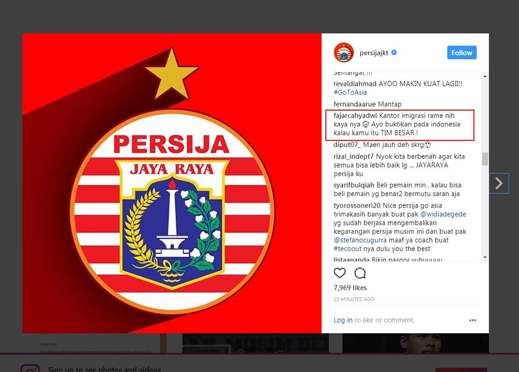 Komentar Instagram Persija. Copyright: Instagram