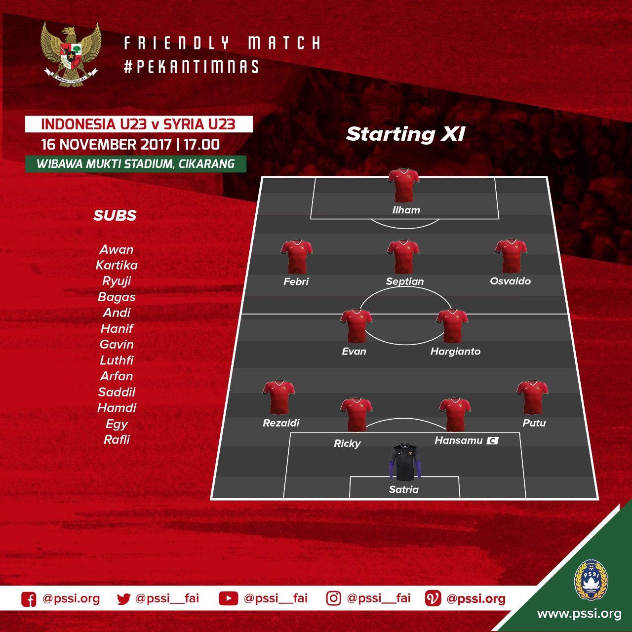 Susunan Pemain Timnas Indonesia U-23 ve Suriah. Copyright: Twitter@pssi__fai