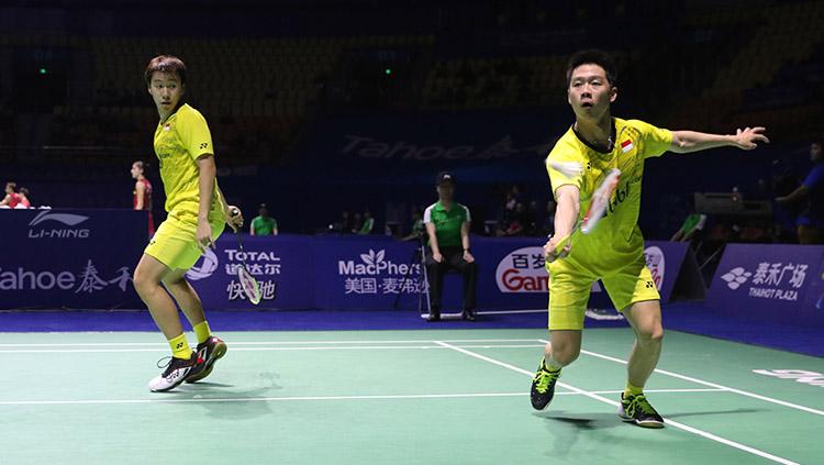 Marcus Fernaldi Gideon/Kevin Sanjaya Sukamuljo kalahkan pasangan Rusia pada babak delapan besar China Open 2017. Copyright: HUMAS PBSI