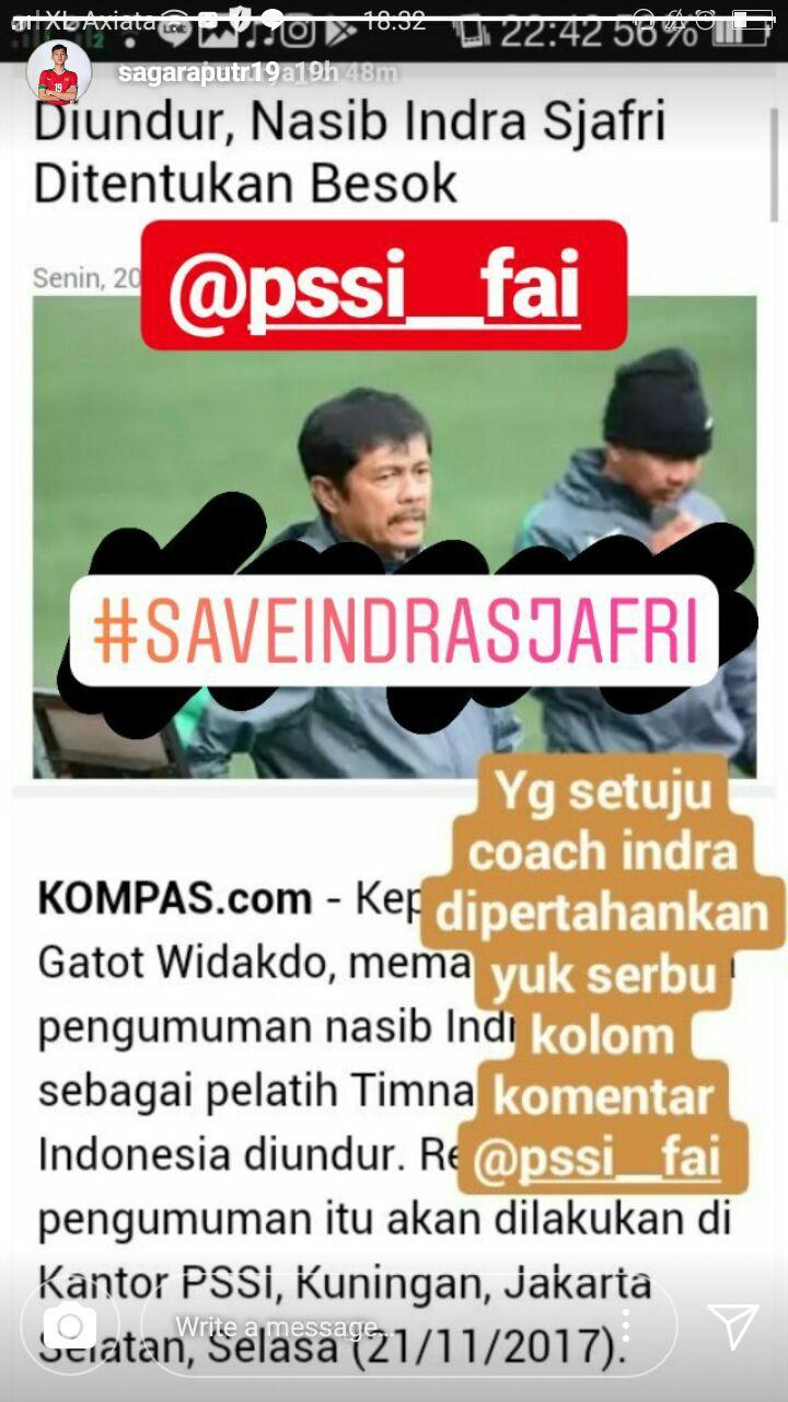 Hanis Saghara Putra mengajak netizen serbu akun PSSI. Copyright: Instagram