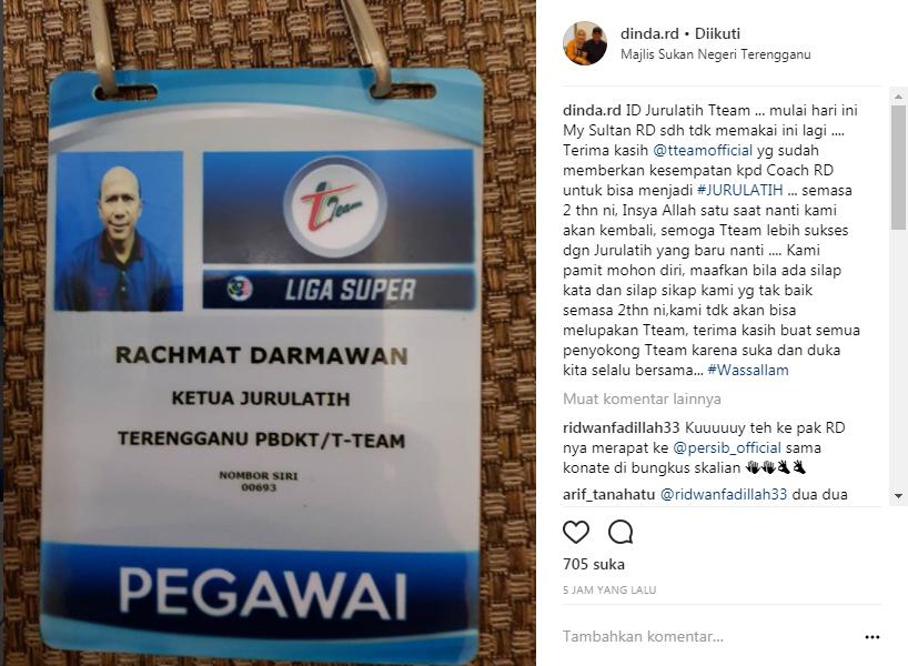 Ucapan perpisahan dari istri Rahmad Darmawan untuk T-Team FC. Copyright: Instagram