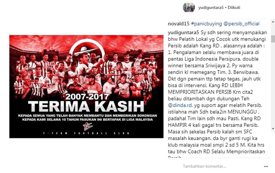 Komentar Yudi Guntara soal Persib Bandung gagal rekrut Rahmad Darmawan. Copyright: Instagram
