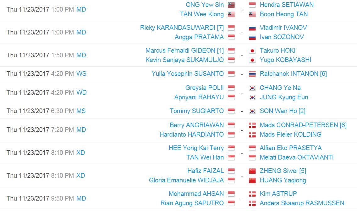 Jadwal babak dua Hongkong Open 2017. Copyright: Tournament Software