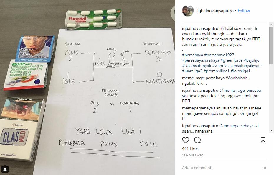 Hasil semedi seorang warganet yang juga bonek, dapat wangsit kalau Persebaya lolos ke Liga 1 Copyright: Instagram