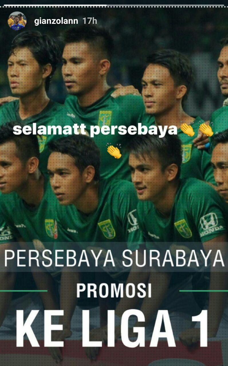 Gian Zola mengucapkan selamat kepada Persebaya Surabaya di Instastorynya. Copyright: Instagram/@Gianzola