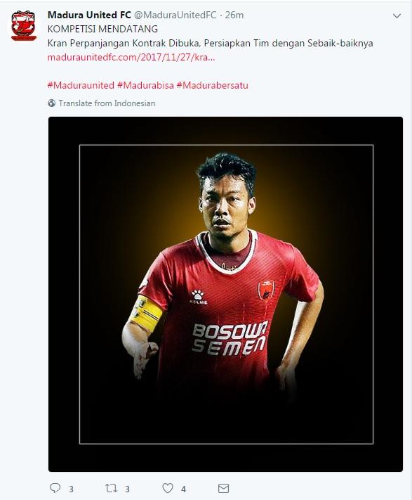 Akun Twitter Madura United sempat unggah foto Hamka Hamzah. Copyright: Twitter/@MaduraUnitedFC