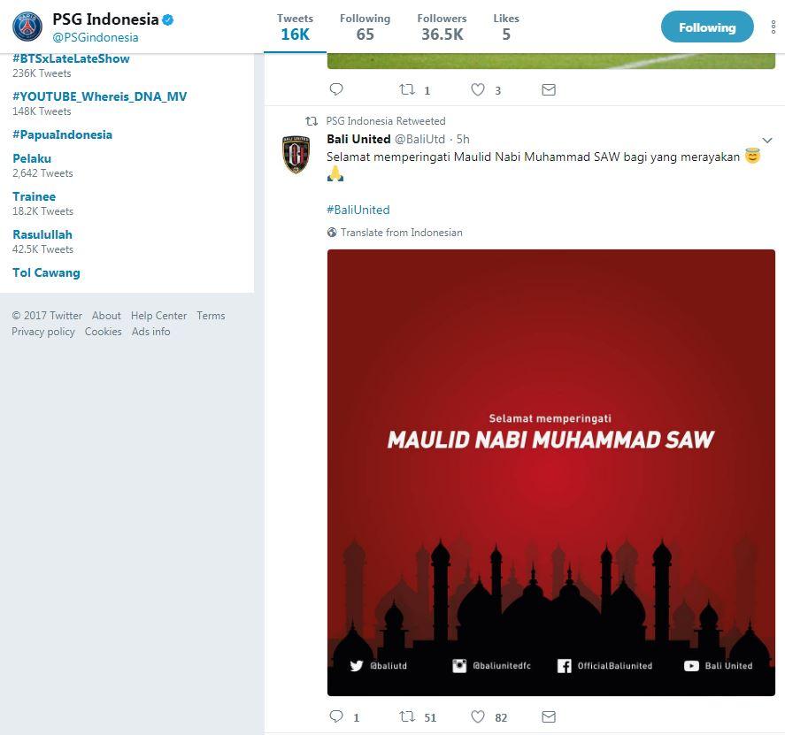 PSG mengucapkan selamat hari raya dengan me-retweet akun Twitter Bali United. Copyright: Twitter/@PSGindonesia