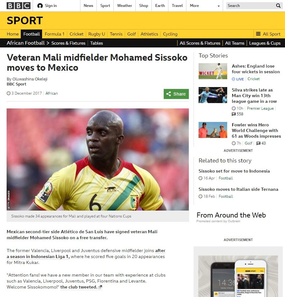BBC Sport memberitakan kepindahan Mohamed Sissoko ke klub Meksiko. Copyright: Istimewa