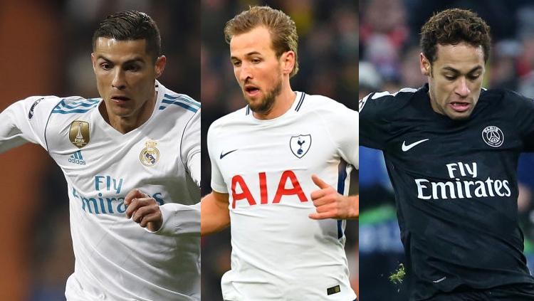 Kiri-kanan: Cristiano Ronaldo, Harry Kane, dan Neymar. Copyright: INDOPSORT