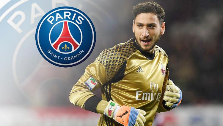 Kiper AC Milan, Gianluigi Donnarumma dan logo PSG. Copyright: INDOSPORT