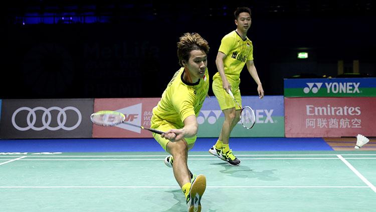 Pasangan ganda putra Indonesia, Kevin Sanjaya Sukamuljo/Marcus Fernaldi Gideon di ajang BWF World Super Series Finals 2017. Copyright: HUMAS PBSI