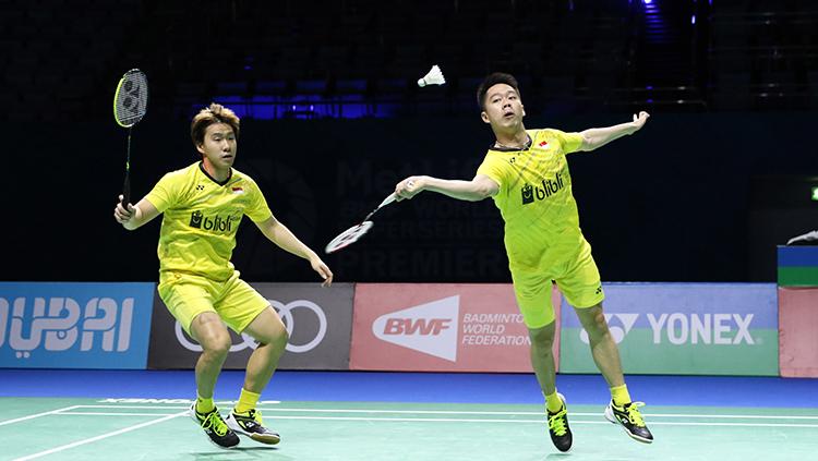 Pasangan ganda putra Indonesia, Kevin Sanjaya Sukamuljo/Marcus Fernaldi Gideon di ajang BWF World Super Series Finals 2017. Copyright: HUMAS PBSI