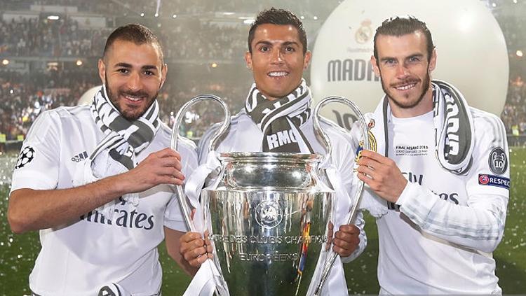 Karim Benzema, Cristiano Ronaldo, dan Gareth Bale. Copyright: INDOSPORT