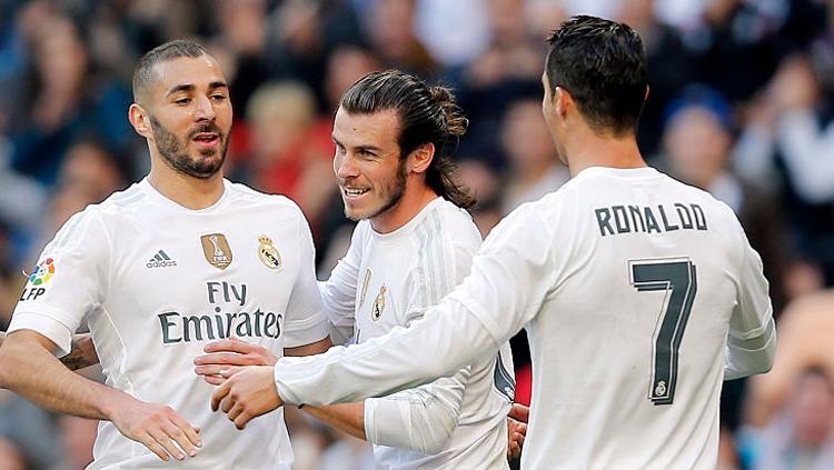 Karim Benzema, Cristiano Ronaldo, dan Gareth Bale. Copyright: INDOSPORT