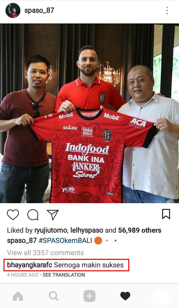 Bhayangkara ucapkan selamat kepada Spaso Copyright: Instagram