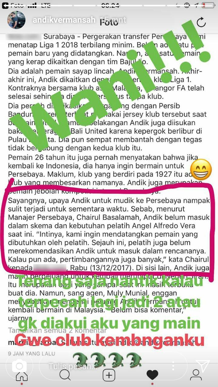 Instastory Andik Vermansah. Copyright: Story/AndikVermansah