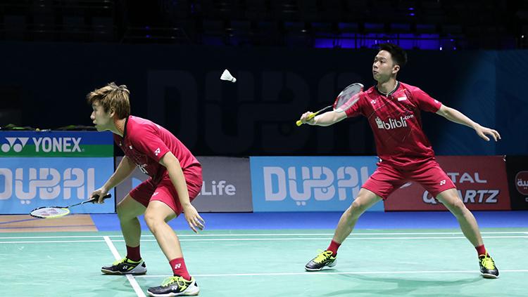 Kevin Sanjaya/Marcus Gideon di laga kedua Dubai Super Series Finals 2017. Copyright: Humas PBSI