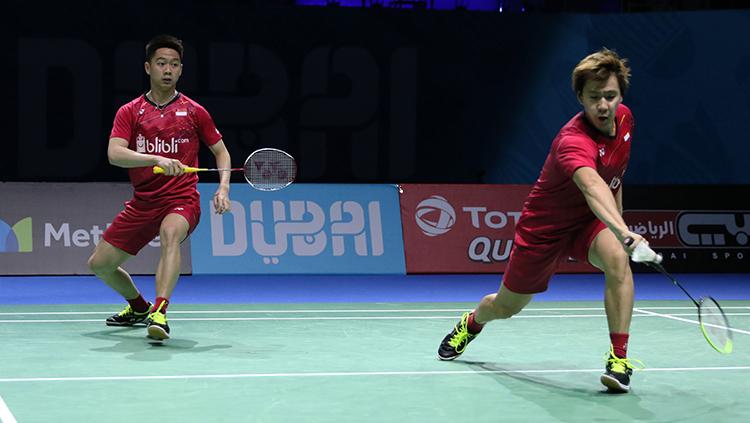 Kevin Sanjaya/Marcus Gideon di laga kedua Dubai Super Series Finals 2017. Copyright: Humas PBSI