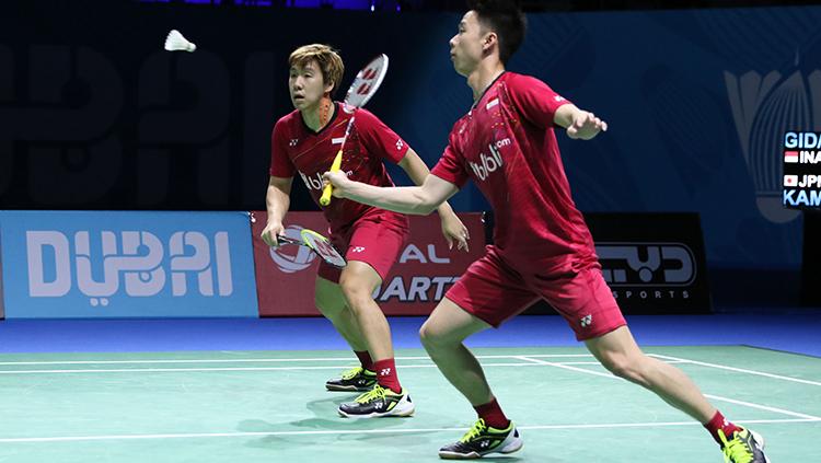 Kevin Sanjaya/Marcus Gideon di laga kedua Dubai Super Series Finals 2017.