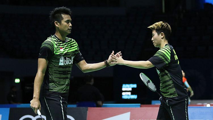 Pasangan ganda campuran Indonesia, Tontowi Ahmad/Liliyana Natsir di ajang BWF Dubai World Super Series Finals 2017.