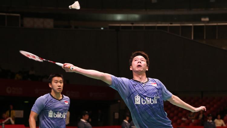 Pasangan Indonesia, Kevin Sanjaya Sukamuljo/Marcus Fernaldi Gideon melenggang ke semifinal. Copyright: Huma PBSI