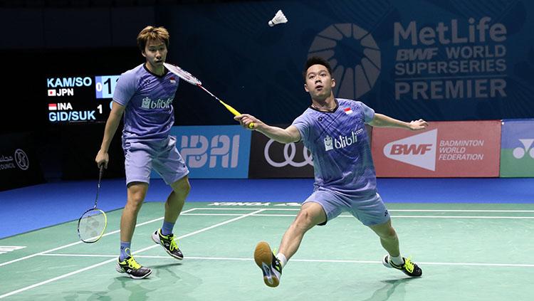 Pasangan Indonesia, Kevin Sanjaya Sukamuljo/Marcus Fernaldi Gideon melenggang ke semifinal. Copyright: Huma PBSI