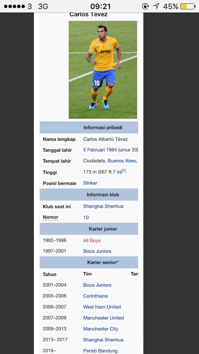 Carlos Tevez tercantum di Wikipedia gabung Persib Bandung. Copyright: Wikipedia