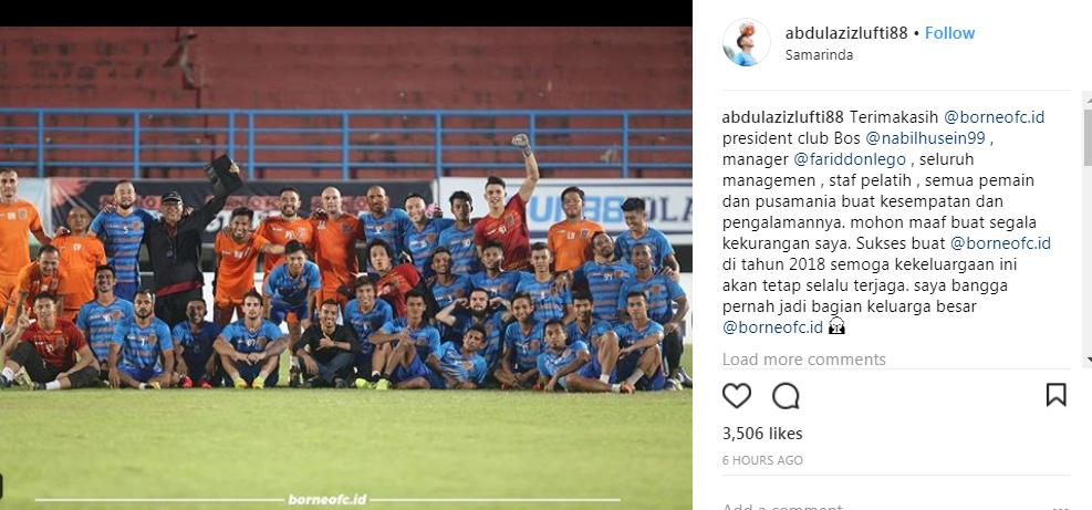 Salam persisahan Abdul Aziz untuk Borneo FC leawat akun instaram miliknya. Copyright: instagram@abdulazizlutfi88