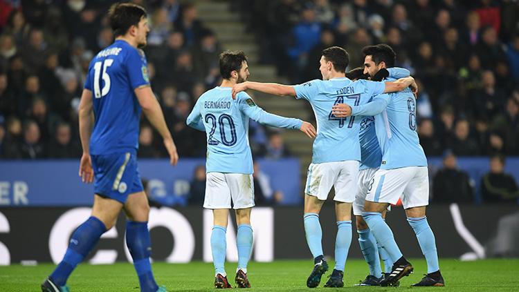 Skuat Man City merayakan gol ke gawang Leicester di ajang Carabao Cup. Copyright: INDOSPORT