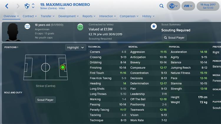 Kemampuan Maximiliano Romero di FM 2018. Copyright: INTERNET