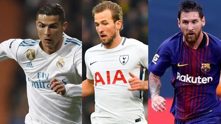 Kiri-kanan: Cristiano Ronaldo, Harry Kane, dan Messi Copyright: INDOSPORT