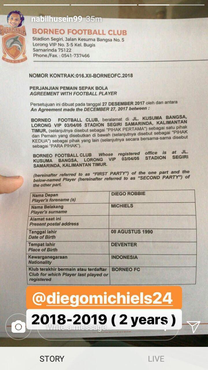 Surat perpanjang kontrak Diego Michiels dengan Borneo FC Copyright: Capture Nabil Husein