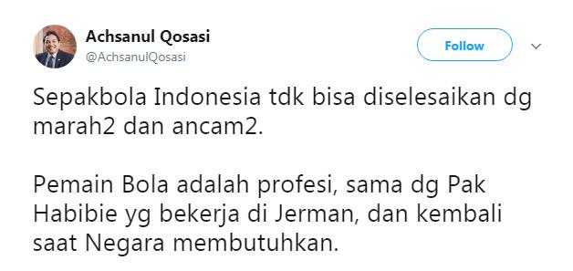 Tweet Presiden Madura United FC Achsanul Qosasi. Copyright: Achsanul Qosasi